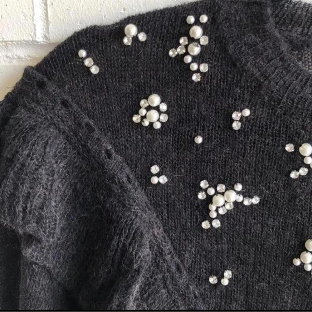 WILDFOX Alpaca Black Sheer Sweater Pearl Ruffle See Through COUTURE like new L - Picture 2 of 9